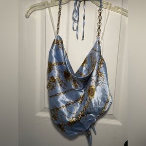 Satin Chain Print Cowl Neck Halter Top - Light Blue & Gold